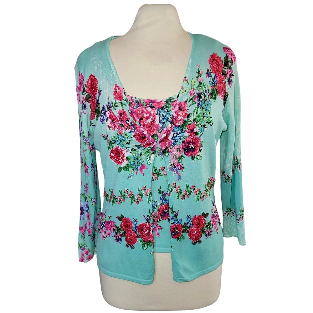 Alberto Makali Mint Green Floral Beaded Sequin Cocktail 2 PC Sweater Tank Set XL